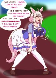 alternate_costume breasts clothed crossover cygames dialogue english_text fate/grand_order fate_(series) femsub horse_girl identity_swap jeanne_alter large_breasts leaning_forward outdoors resisting shoes sketchyseraph speech_bubble spiralwash_eyes tagme tail text uma_musume weak_resistance white_hair