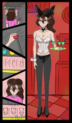  aae before_and_after bow_tie brown_hair bunny_ears bunny_girl collar corset expressionless female_only femsub high_heels hy2300 original pantyhose spiral_eyes standing standing_at_attention symbol_in_eyes t-shirt tagme tech_control tray waitress 