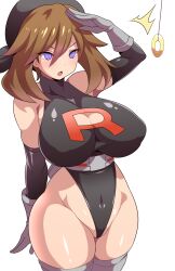  aged_up blush breasts brown_hair cleavage enemy_conversion female_only femsub gloves icontrol_(manipper) konno_tohiro large_breasts leotard manip may nintendo open_mouth pendulum pokemon pokemon_ruby_sapphire_and_emerald saluting short_hair solo spiral_eyes standing standing_at_attention symbol_in_eyes team_rocket thighhighs thighs white_background 