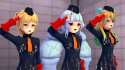  3d blue_eyes blue_hair capcom character_request empty_eyes erect_nipples erect_nipples_under_clothes female_only femsub fingerless_gloves gloves green_eyes hair_ornament hat horns koikatsu! long_hair miko_(koikatsu!) multiple_girls multiple_subs navel open_mouth saluting shadaloo_dolls small_breasts standing standing_at_attention street_fighter tie tied_hair twin_braids wet wet_clothes 