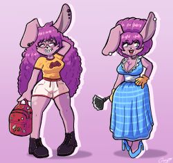  backpack beehive_hair blue_eyes blush braces bunny_girl cleavage coupytf dress earrings feather_duster furry gloves hand_on_hip high_heels large_breasts lipstick long_hair messy_hair necklace nerdification original piercing pink_background purple_hair sakura_(gamin_gryff) shorts sneakers stepfordization t-shirt thighs transformation 