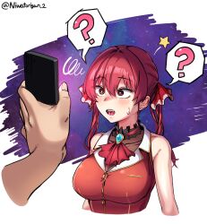  bodysuit breasts femsub hair_ornament heterochromia hololive hypnotic_app large_breasts long_hair maledom marine_houshou niwatorigun open_mouth red_hair spiral_eyes surprised sweat tech_control twintails virtual_youtuber 