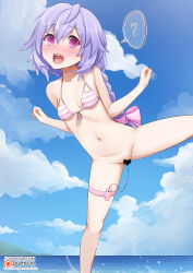  bikini bikini_top blush bottomless braid censored complex_background confused femsub hair_ribbon hyperdimension_neptunia long_hair open_mouth plutia purple_eyes purple_hair pussy_juice ribbon sex_toy signature spread_legs unaware vahn_yourdoom 