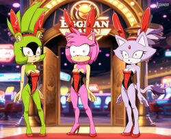 amy_rose blaze_the_cat bunny_ears bunnysuit cat_girl cleavage female_only femsub furry hedgehog_girl high_heels lconhero sonic_the_hedgehog_(series) spiral_eyes standing_at_attention surge_the_tenrec tenrec_girl