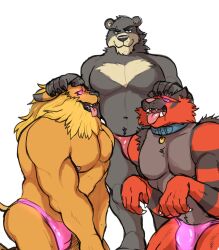 bear_boy claws collar dazed digimon dog_pose drool furry hand_on_head hyenaface hypnotic_clothing incineroar leomon lion_boy male_only maledom malesub multiple_boys multiple_subs muscle_boy nintendo open_mouth pet_play pokemon ring_eyes scars speedo tiger_boy tongue tongue_out topless