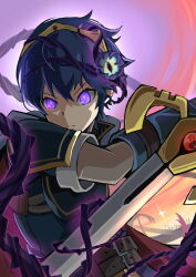  androgynous androgynous_dom aura black_eyes blue_hair blue_sclera cape clothed crossover densho_hiyoko dharkon eye_color_change fire_emblem fire_emblem_shadow_dragon_and_the_blade_of_light glowing_eyes headdress malesub marth nintendo parasite possession prince purple_eyes royalty short_hair slit_pupils super_smash_bros. sword tentacle_in_ear tentacles watermark weapon 