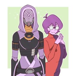  alien alien_girl bodysuit ef-nsfw femsub glasses helmet hood hypno-scream_(hypnoscream) maledom mask mass_effect original purple_hair purple_skin spiral tali'zorah_nar_rayya 
