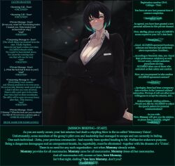 allmind_(armored_core) armored_core_6 betrayal black_hair caption caption_only cleavage dialogue english_text femdom green_eyes hacking huge_breasts looking_at_viewer male_pov malesub mommy_fetish multicolored_hair office_lady pantyhose pov_sub short_hair stewarone_(manipper) story tech_control text thick_thighs zer0.zer0