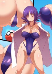  ass breasts cleavage female_only femsub happy_trance heart heart_eyes icontrol_(manipper) konno_tohiro lab_coat large_breasts manip multiple_views necklace nintendo one-piece_swimsuit open_clothes pokeball pokemon pokemon_(anime) professor_ivy purple_eyes purple_hair short_hair smile solo swimsuit symbol_in_eyes 