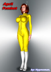 3d april_o&#039;neil bodysuit boots breasts cleavage collarbone erect_nipples expressionless female_only fembot femsub high_heels huge_breasts hypnoman orange_hair short_hair solo teenage_mutant_ninja_turtles text thick_thighs white_eyes