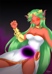 bracelet breasts cleavage corruption demon demon_girl elf_ears empty_eyes femsub glowing goddess gradient_background green_hair hadant horns kid_icarus large_breasts long_hair magic nintendo open_mouth palutena red_skin signature simple_background