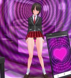  3d bed bedroom black_hair blue_background blush cell_phone corruption custom_maid_3d_2 dfish303 empty_eyes female_only femsub heart hypnotic_app japanese_text looking_at_viewer phone pov pov_dom pussy_juice school_uniform shoes short_hair skirt socks solo spiral spiral_background standing tech_control tie vibrator 