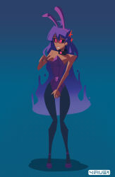 4five1 black_sclera bunny_ears bunnysuit clothed_exposure collar femsub ghost hypnotic_accessory masturbation original purple_eyes purple_hair tagme tech_control undressing xochilt_(toast)