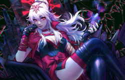  alternate_hair_color blush breasts chair cleavage collar corruption crossed_legs crystal dragon elf_ears evil_smile eyeshadow faith0m femsub fingerless_gloves fire_emblem fire_emblem_awakening gloves glowing glowing_eyes grima_(fire_emblem_awakening) happy_trance large_breasts nail_polish nintendo ponytail possession red_eyes red_lipstick sitting slit_pupils smile smug thighhighs tiki_(fire_emblem) white_hair wings 