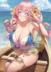 bikini_bottom bikini_top blush breasts cleavage female_only femsub glowing glowing_eyes happy_trance huge_breasts jewelry large_hips long_hair manip misterman4_(manipper) outdoors paintcan pink_hair princess_connect!_re_dive smile spiral_eyes swimsuit symbol_in_eyes tagme tsumugi_(princess_connect) twintails