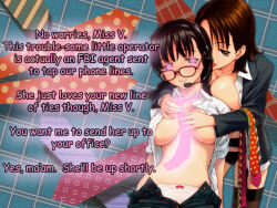 black_hair blush breasts brown_hair dazed femdom femsub glasses glowing glowing_eyes happy_trance headphones hypnotic_accessory large_breasts licking long_hair manip microphone open_clothes panties pink_eyes short_hair sweat text thighhighs tie tiechonortheal_(manipper) underwear undressing yuri