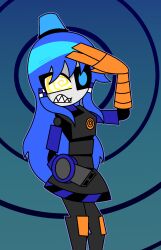 androgynous_dom blue_background blue_hair confused femsub hypnoscream long_hair mimi_sentry multicolored_eyes pov_dom ring_background robot_girl saluting sharp_teeth shiny_hair simple_background skirt solo spiralwash_eyes standing team_fortress_2 valve yellow_eyes