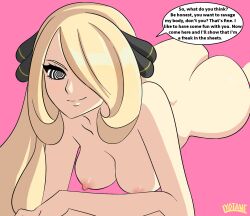  ass blonde_hair blush bottomless breasts cynthia female_only femdom hair_covering_one_eye icontrol_(manipper) large_breasts long_hair looking_at_viewer lying lyotanc manip nintendo nipples nude pokemon pokemon_diamond_pearl_and_platinum pov pov_sub smile solo spiral_eyes symbol_in_eyes text topless 