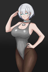 bangs blue_eyes breasts cleavage cleavage_cutout clefla collar cybus_industries doctor_who_(series) earpiece expressionless female_only femsub glowing glowing_eyes gradient_background hand_on_hip huge_breasts hypnotic_accessory indifferent leotard original pantyhose saluting short_hair simple_background solo standing symbol tech_control white_hair wide_hips 