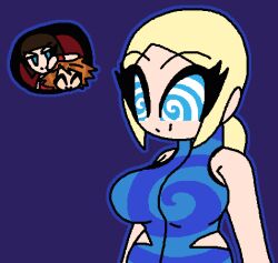 anna_williams bandai_namco blonde_hair blue_background blue_eyes breasts brown_hair closed_eyes clothed crossover disney femdom femsub happy_trance hypnoscream kingdom_hearts large_breasts nina_(tekken) short_hair simple_background sisters smile smug sora spiral spiralwash_eyes square_enix story tekken