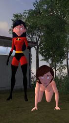 3d all_fours black_hair bodysuit boots bottomless breasts brown_hair chains collar disney dog_pose empty_eyes female_only femdom femsub gloves happy_trance helen_parr hypnotized_dom large_breasts latinkaixa leash nude open_mouth opera_gloves pet_play smile the_incredibles thigh_boots topless violet_parr western