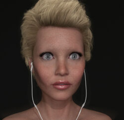 3d bare_shoulders blonde_hair blue_eyes dazed earbuds expressionless eyelashes female_only femsub freckles hypnoforge hypnotic_audio open_mouth original short_hair tech_control 