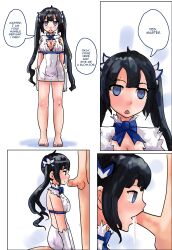  barefoot black_hair blush breasts comic empty_eyes feet fellatio femsub goddess hestia is_it_wrong_to_try_to_pick_up_girls_in_a_dungeon? onefeefoor oral penis text 