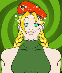  absurdres bare_shoulders beret blonde_hair braid bubble cammy_white capcom clothed collarbone happy_trance hat heavy_eyelids kaa_eyes leotard maggotmike muscle_girl scar smile sparkle spiral_background street_fighter twin_braids twintails 