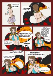 absurdres aladdin_(series) breasts brown_hair cleavage coils comic disney fangs femsub forked_tongue genie green_hair harem_outfit jafar kaeriia large_breasts maledom multicolored_hair original short_hair snake text