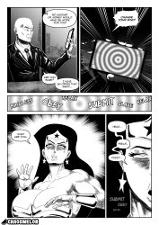 black_hair chaosmelon comic dc_comics dialogue femsub greyscale huge_breasts lex_luthor muscle_girl spiral super_hero tagme tech_control wonder_woman