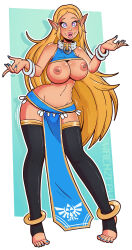 bimbofication blonde_hair blue_eyes brain_drain breasts breath_of_the_wild elf_ears female_only femsub happy_trance jewelry large_breasts long_hair nintendo open_mouth princess princess_zelda symbol_in_eyes the_legend_of_zelda thighhighs topless transformation wrenzephyr2