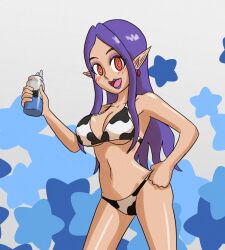  a_link_between_worlds bikini bikini_bottom bikini_top collarbone cow_print earrings elf_ears eyeshadow female_only femsub hand_on_hip hourglass_figure lipstick looking_at_viewer makeup milk mythkaz navel nintendo open_mouth princess_hilda purple_hair purple_lipstick red_eyes simple_background smile spiral_eyes symbol_in_eyes the_legend_of_zelda 