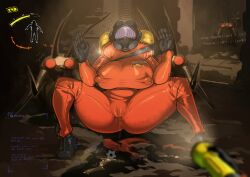  bodysuit breasts darkhatboy erect_nipples femsub gas_mask hoarder_bug huge_breasts large_hips latex lethal_company pet_play spiral spread_legs wet worker_(lethal_company) 