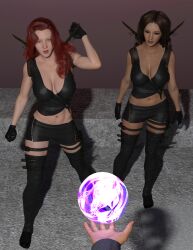  3d absurdres altered_common_sense bare_shoulders breasts brown_eyes brown_hair cambion cleavage collarbone expressionless femsub gloves gyeong_(scarecrow98) happy_trance huge_breasts long_hair maggie_(scarecrow98) maledom member9 open_mouth pov pov_dom red_hair shorts smile tech_control thighhighs weapon 