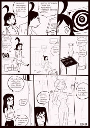 before_and_after black_hair bondage breasts comic female_only femsub fishy_(parangsakti) greyscale large_breasts long_hair original parangsakti short_hair smile speech_bubble spiral spiral_eyes standing symbol_in_eyes tech_control text thought_bubble tongue tongue_out user_interface