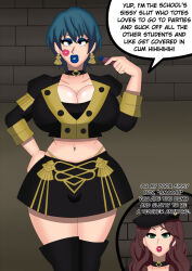  blue_lipstick breasts brown_hair bulge byleth_eisner choker dialogue dorothea_arnault earrings fire_emblem fire_emblem_three_houses happy_trance hinata-hime huge_lips jewelry kissing large_breasts leggings lipstick lipstick_mark malesub navel nintendo sissy text thong transformation 
