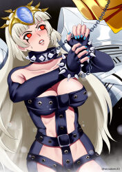 alternate_costume alternate_hair_color alternate_hairstyle angry bangs blonde_hair bondage breasts chains circlet cleavage clothed_exposure collar corruption cosplay female_only femsub fingerless_gloves gloves hadant hair_ornament handcuffs large_breasts leash long_hair makoto_niijima nail_polish persona_(series) persona_5 red_eyes resisting ring_eyes signature straight-cut_bangs very_long_hair watermark white_hair