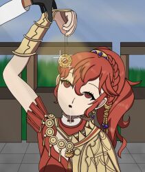  anna_(fire_emblem) braid clothed coin dazed drool earrings empty_eyes esbypno femsub fire_emblem fire_emblem_fortunes_weave gold hypnotized_hypnotist jewelry nintendo open_mouth ponytail red_eyes red_hair self_hypnosis 