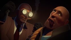 3d artist_request bald evil_smile humor male_only maledom malesub misha_(team_fortress_2) open_mouth smile source_filmmaker spiral_eyes spy_(team_fortress_2) sunglasses symbol_in_eyes team_fortress_2 tech_control tongue tongue_out valve yellow_eyes