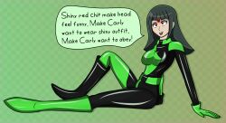 bangs black_hair bodysuit boots brain_drain breasts carly_carmine clothed cosplay dialogue femsub gloves glowing happy_trance hy2300 kim_possible_(series) knee-high_boots long_hair microchip open_mouth red_eyes shego simple_background sitting smile speech_bubble straight-cut_bangs text yu-gi-oh! yu-gi-oh!_5d&#039;s