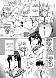 black_hair bottomless breasts cell_phone charveltiger empty_eyes hard_translated hypnotic_app large_breasts monochrome nude ponytail school_uniform sex tagme text topless translated white_hair