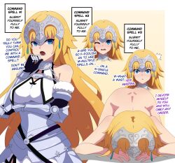 absurdres ai_art all_fours armor ass blonde_hair blue_eyes border chains comic command_seal dialogue empty_eyes fate/grand_order fate_(series) femsub gauntlets gradient_background guilegaze_(generator) guilegaze_(manipper) jeanne_d&#039;arc_(fate) kneeling long_hair nude prostration resisting text trigger