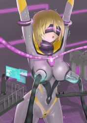  absurdres arms_above_head bangs blonde_hair blush bodysuit breast_sucking cameltoe collar drool energy_drain femsub giantess glowing long_hair maledom milking milking_machine multiple_doms open_mouth original orihime_(pao_mian_jiaotu) pao_mian_jiaotu personification progress_indicator restrained rubber standing tech_control tight_clothing trembling tubes ultraman visor 
