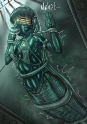 asa_mitaka black_hair bodysuit bondage chainsaw_man female_only femsub mask mrbones2210 scar short_hair tagme tubes yellow_eyes yoru_(chainsaw_man)