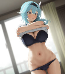 ai_art blue_hair bra empty_eyes eula_(genshin_impact) expressionless eyebrows_visible_through_hair femsub genshin_impact hair_band hair_ornament navel open_mouth panties undressing yellow_eyes