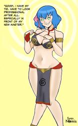 belle_(majestic) blue_hair green_eyes hypnovember midriff original simple_background slave_bikini syas-nomis text tie