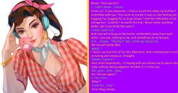annoyingoblin_(manipper) aware brown_eyes brown_hair caption d.va dialogue female_only happy_trance headphones hypnotic_audio long_hair manip overwatch smile text