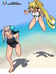  blonde_hair cat chicken_pose empty_eyes fangs fate/apocrypha fate/grand_order fate_(series) female_only femsub humor idpet jeanne_d&#039;arc_(fate) miyamoto_musashi_(fate) one-piece_swimsuit pet_play pink_hair ponytail swimsuit 