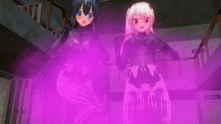  3d alternate_costume black_hair blue_eyes blush bodysuit corruption custom_maid_3d_2 erect_nipples_under_clothes female_only femsub hypnotic_gas large_breasts long_hair multiple_girls multiple_subs open_mouth pink_hair red_eyes side_ponytail swallow774 tongue torn_clothes 