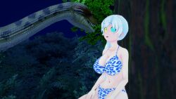  3d bikini blue_eyes breasts confused disney kaa kaa_eyes large_breasts leopard_print lipstick long_hair makeup mmd mrkoiru open_mouth outdoors pale_skin ponytail rwby sitting snake the_jungle_book trees weiss_schnee white_hair 